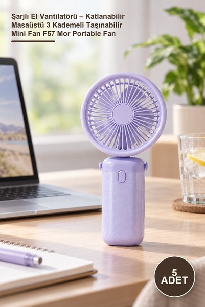 Yenilig 5 Adet Şarjlı El Vantilatörü – Katlanabilir Masaüstü 3 Kademeli Taşınabilir Mini Fan F57 Mor Portable Fan
