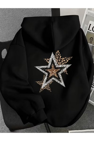 one button Unisex Erkek/Kadın Parlak Leopar Yıldız Sırt Baskılı Premium Kapüş...