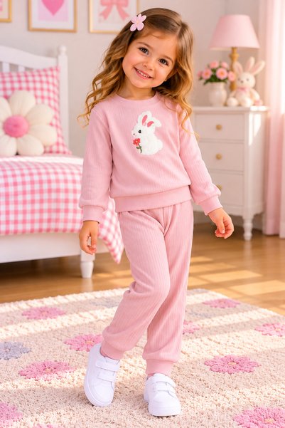 SERPİL Girl's Ribbed Rabbit Print 2-Piece Set – Sweatshirt & Sweatpants – Cas...
