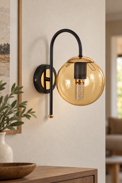 MŞ Aydınlatma Niva Black Gold Honey Glass Sconce