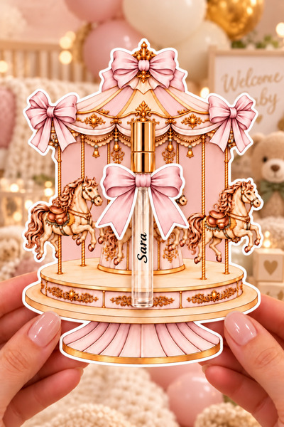 Generic Baby Girl Carousel Perfume Favours, Baby Pink, Custom Name, 6 Cards with Filled Perfume Bottles
