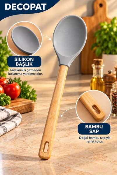 Decopat Silikon Başlıklı Bambu Saplı Mutfak Kaşığı – Ergonomik ve Pratik Yeme...