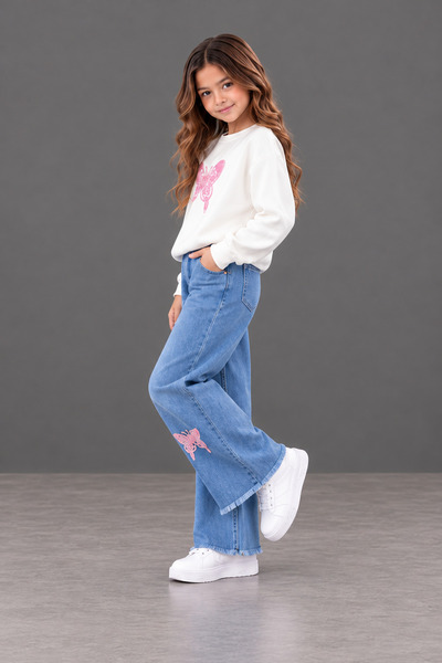 KOKOŞ BEBEK Kız Çocuk Pembe Kelebek İşlemeli Sweatshirt ve Bol Paça Kot Pantolon 2’li Takım - 5/12 Yaş - 31969