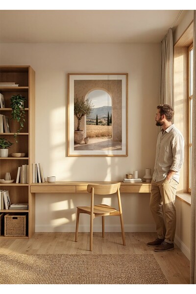KEYFHOME Peisaj mediteranean Fereastră arcuită Cadru din lemn MDF Poster de m...