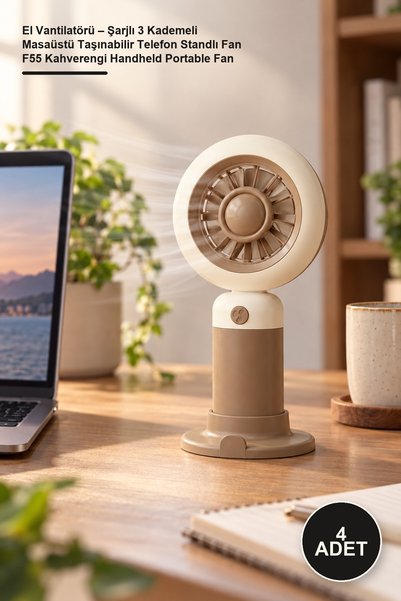 Yenilig 4 Adet El Vantilatörü – Şarjlı 3 Kademeli Masaüstü Taşınabilir Telefon Standlı Fan F55 Kahverengi Handheld Portable Fan