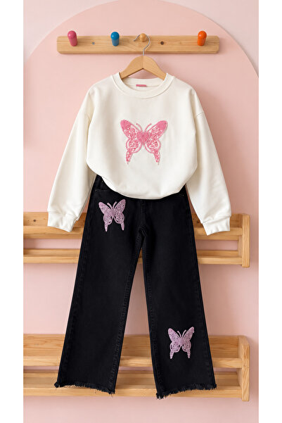 KOKOŞ BEBEK Girl's Pink Butterfly Embroidered Sweatshirt and Wide-Leg Jeans 2...