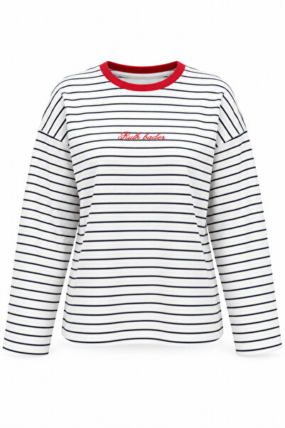 Dilay Gökoğlu Butik Written Striped Navy Blue Sweatshirt