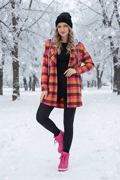 Polologin Butik Hooded Lumberjack Shirt with Pockets Pink Orange Checkered Lu...