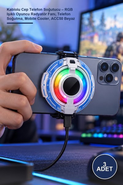 Yenilig 3 Adet Kablolu Cep Telefon Soğutucu – RGB Işıklı Oyuncu Radyatör Fanı, Telefon Soğutma, Mobile Cooler, ACC50 Beyaz