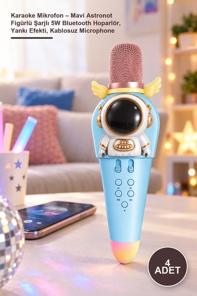 Yenilig 4 Adet Karaoke Mikrofon – Mavi Astronot Figürlü Şarjlı 5W Bluetooth Hoparlör, Yankı Efekti, Kablosuz Microphone