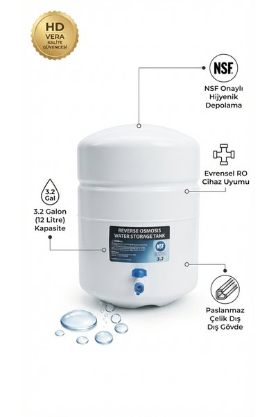HD VERA Su Arıtma Cihazı Tankı 3.2 Galon (12 Litre) - Metal Basınçlı Su Depolama Tankı (NSF Onaylı)