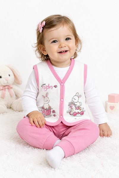 El Bebek Bebek Tavşan Baskılı Organik Pamuklu 6-19-12 Ay Kapitone Bebek Yelek