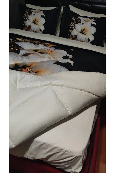 AYBERK HOME TEXTİLE White Pearl 5D Digital Printed Cotton Double Sleeping Set with Elastic Sheets 6 Pieces