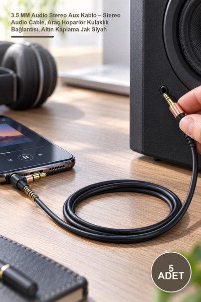 Yenilig 5 Adet 3.5 MM Audio Stereo Aux Kablo – Stereo Audio Cable, Araç Hoparlör Kulaklık Bağlantısı, Altın Kaplama Jak Siyah