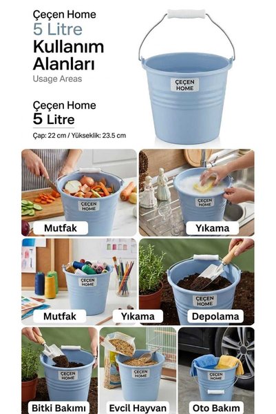 ÇEÇEN HOME 1 No 5 Litre Metal Kulplu Bakraç Kova - Çok Amaçlı Renkli Mutfak, ...