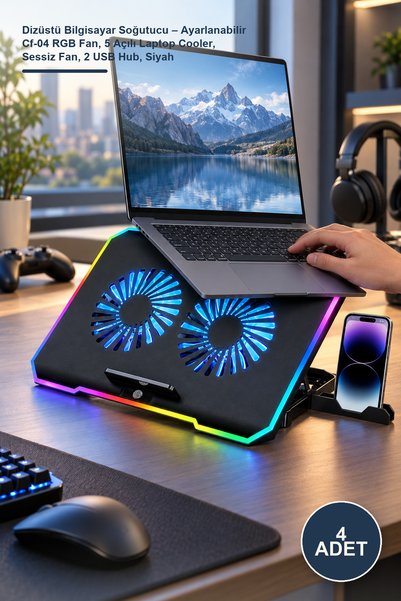 Yenilig 4 Adet Dizüstü Bilgisayar Soğutucu – Ayarlanabilir Cf-04 RGB Fan, 5 Açılı Laptop Cooler, Sessiz Fan, 2 USB Hub, Siyah
