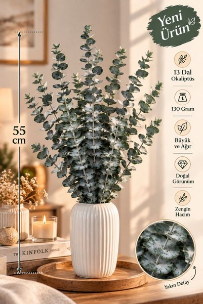 Naderi Çiçeği 1 Demet 13 Dallı Yapay Okaliptüs 55 cm Yeşil Saksısız Dekoratif...