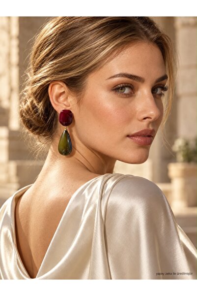 Solare Accessories Yeşil-Bordo Reçine Taşlı Vintage Sallantılı Küpe
