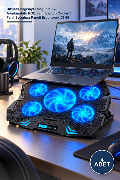 Yenilig 4 Adet Dizüstü Bilgisayar Soğutucu – Ayarlanabilir RGB Fanlı Laptop Cooler 5 Fanlı Soğutma Paneli Ergonomik Cf-05