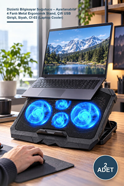 Yenilig 2 Adet Dizüstü Bilgisayar Soğutucu – Ayarlanabilir 4 Fanlı Metal Ergonomik Stand, Çift USB Girişli, Siyah, Cf-03 (Laptop Cooler)