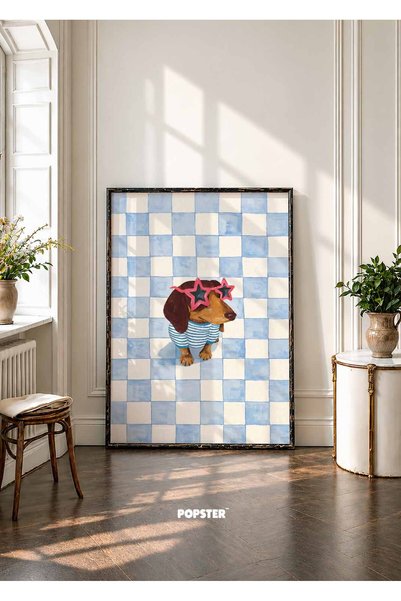 Popster Yıldız Gözlüklü Dachshund Poster - Sosis Köpek - Mavi çizgili Poster ...