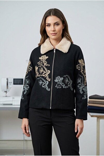 REELMODA Women's Embroidered Plush Collar Checked Coat