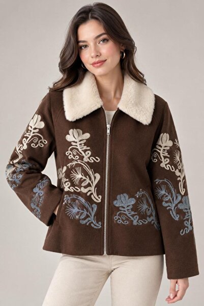REELMODA Women's Embroidered Plush Collar Checked Coat