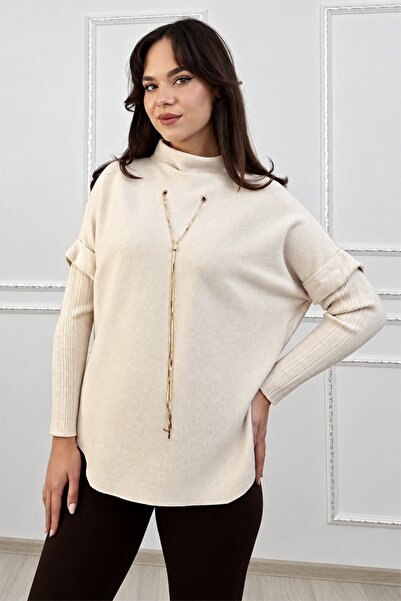 FashionForYou Pulover de damă ELVANA, guler înalt, mâneci din dantelă și acce...