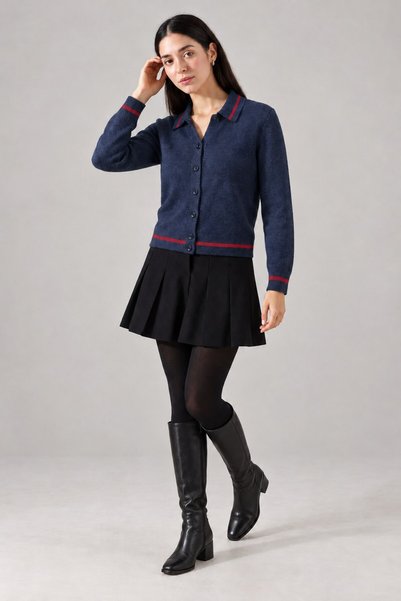 Lavinza Stripe Detailed Wool Buttoned Women's Cardigan