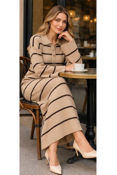 zeyoo collection ihb فستان نسائي إسباني مخطط بأكمام طويلة