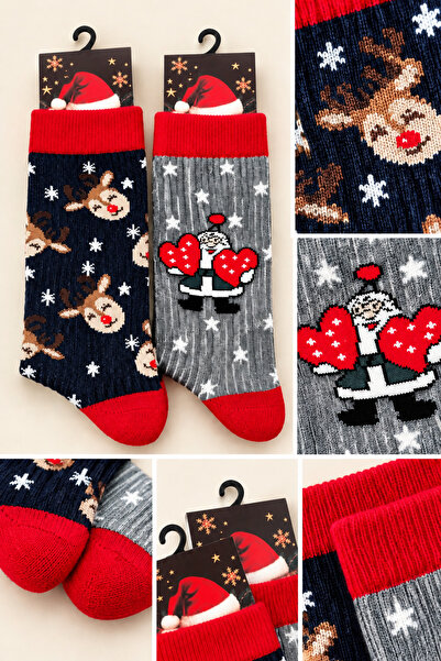 FEG STORE 2-Piece Set of 85% Cotton Perfumed Christmas Themed Socks - Winter Socks with Deer and Heart Santa Claus Pattern