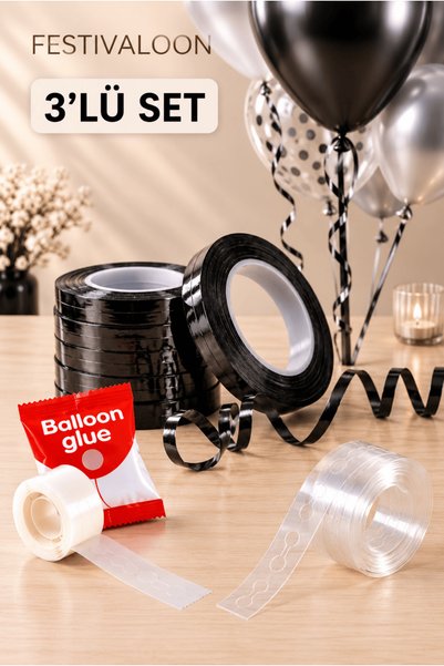 FESTİVALOON 3 Parça Balon Süsleme Seti 25 Metre Metalize Siyah Rafya 100'lü B...