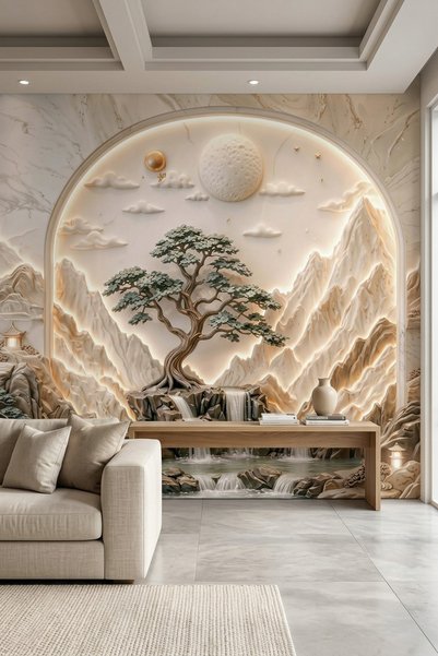 dreamwall Ayın Sessiz Bahçesi-Kabartmalı Ay, Orman ve Şelale Desenli Tek Parç...
