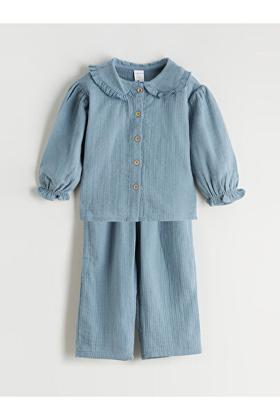 LC Waikiki Nevavm Farkıyla Lcw Baby Blue Baby Collar Baby Girl Shirt and Pant...