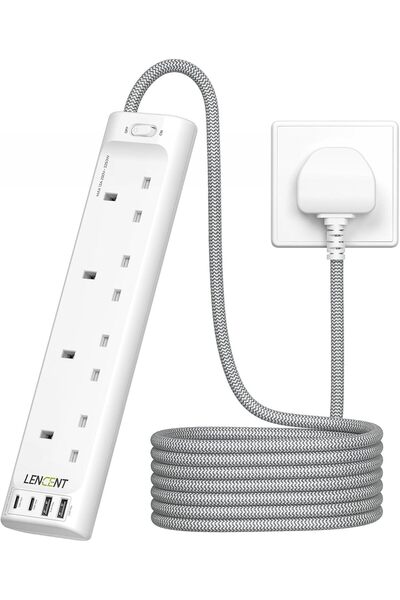 LENCENT وصلة كهربائية مزودة بمنفذ USB-C، شريط طاقة بأربعة منافذ