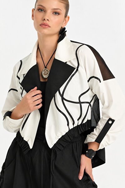 MERİDE Women's Black and White Contrast Patterned Short Cardigan with Tulle D...