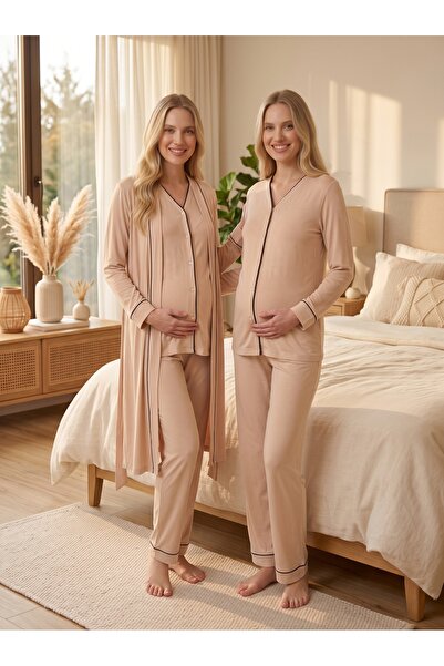 Yulem Homewear New Collection Beige Piping Front Buttoned Cotton Long Sleeve ...