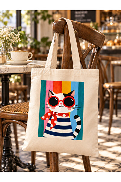 Tomris Hatun Colorful, Cat with Glasses Printed, Gift Bag, Raw Cloth Bag, Sublimation Printing, Shoulder Bag, Shopping Bag