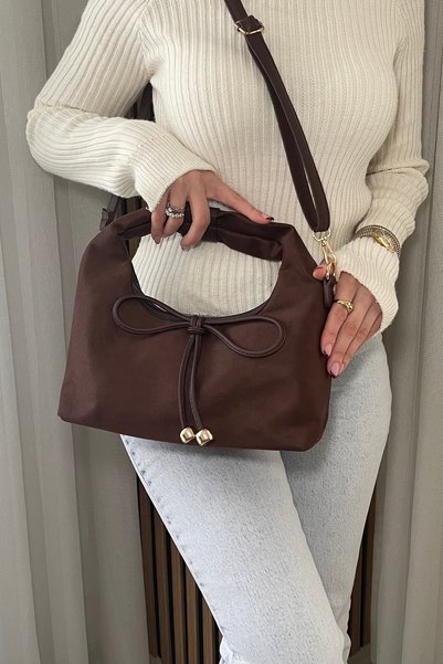 Fibag Women's Brown Suede Look Stylish Hand and Shoulder Bag with Bow Detail and Gold Accessories