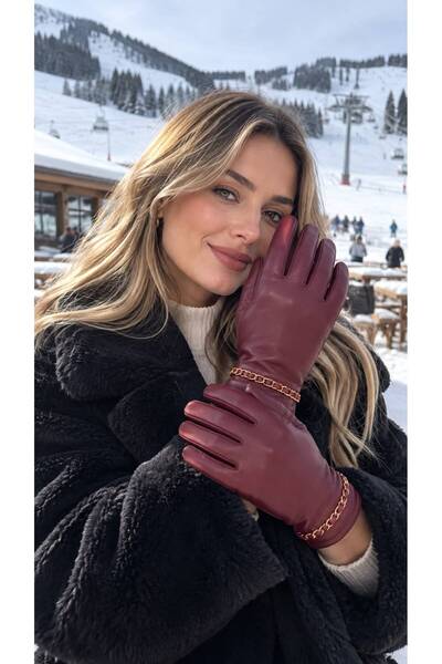 MARBERRY Burgundy Chain Accessory Detailed Faux Leather Women's Gloves
