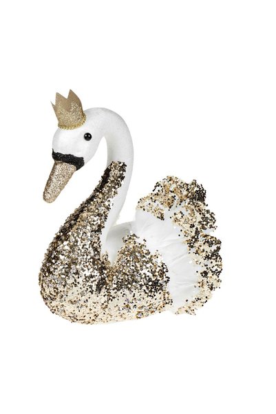 OEM Figurină Decorativa de Crăciun Lebana din Spuma Albă cu Glitter Auriu Cor...