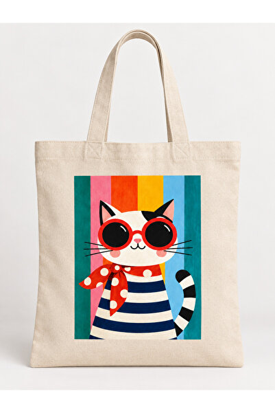 Tomris Hatun Colorful, Cat with Glasses Printed, Gift Bag, Raw Cloth Bag, Sublimation Printing, Shoulder Bag, Shopping Bag