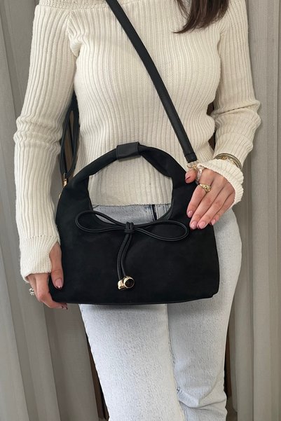 Fibag Women's Black Suede Look Stylish Hand and Shoulder Bag with Bow Detail and Gold Accessories