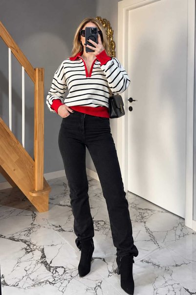rose tml giyim Women's Polo Collar Zippered Striped Knitwear