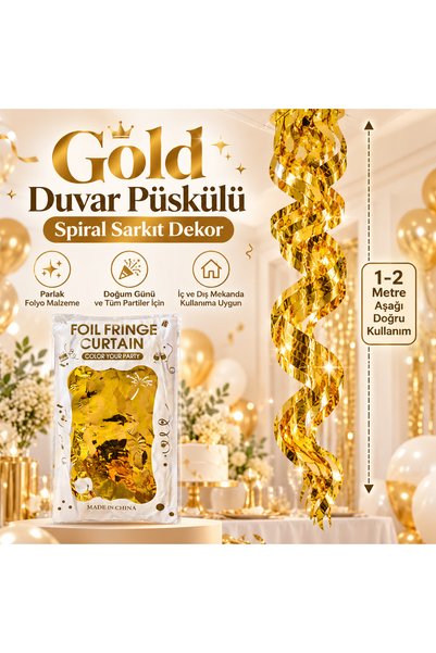 Partifabrik Gold Spiral Desenli Duvar Fon Püskül Dekor Perde 1 metre en 2 metre boy