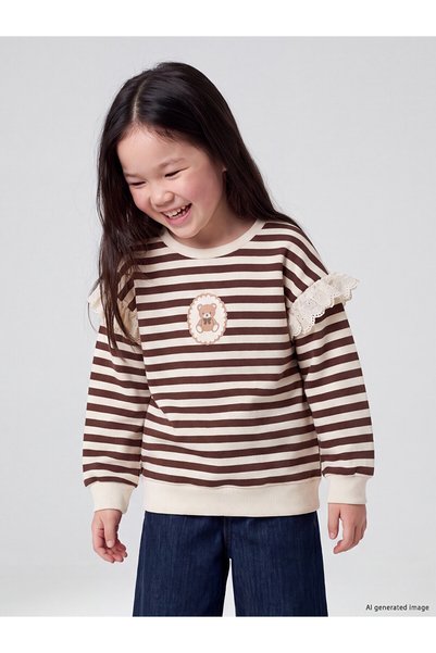 LC Waikiki Özmarka New Season Brown Ruffled Striped Girls' Thick Sweatshirt