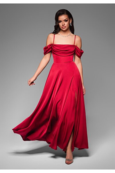 Larica Rochie maxi de damă, decolteu drapat, fustă evazată, șliț înalt în faț...