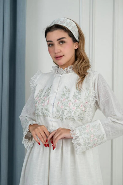 obejana Linen Embroidered Reception Robe - Ivory