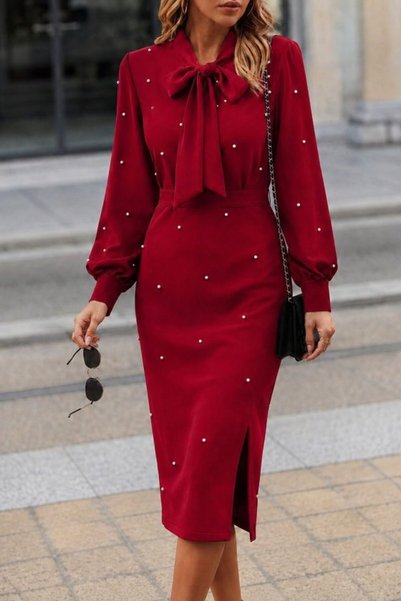Generic Brand Women's Long Sleeve Bow Collar Side Slit Pearl Embellished Midi Imported Crepe Dress