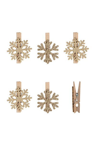 OEM Cleștișori Decorativi de Crăciun din Lemn cu Fulgi Bej și Glitter – 6 buc...